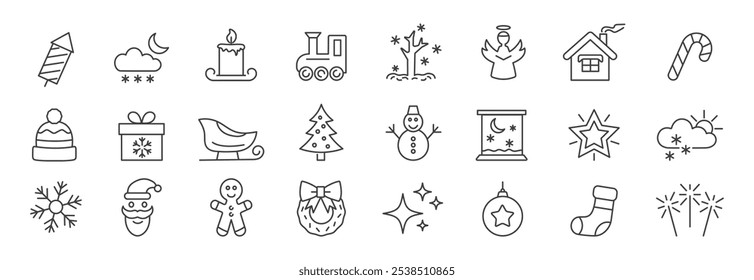 Winter icons set. Christmas holiday and New Year line icons. Snowflake, tree, santa claus, snowman, ginger cookie. Vector.