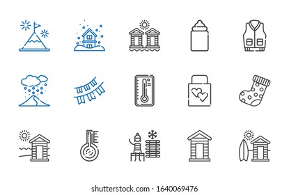 winter icons set. Collection of winter with cabin, cold water, thermometer, sock, wedding gift, temperature, garlands, snowing, jacket, feeder. Editable and scalable winter icons.