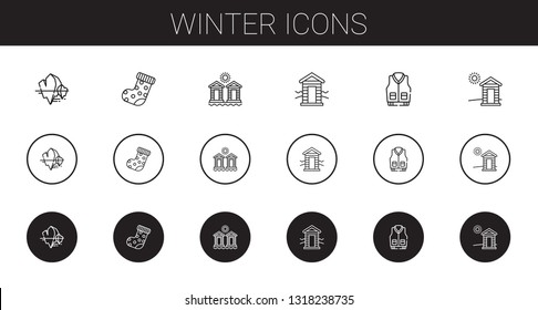 winter icons set. Collection of winter with iceberg, sock, cabins, cabin, jacket. Editable and scalable winter icons.