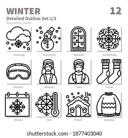 Winter icons set, Detailed Outline, vector and illustration set 1