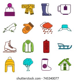 Winter icons set. Doodle illustration of vector icons isolated on white background for any web design