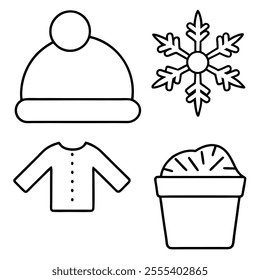 Winter icons set featuring snowflake cup, cozy sweater, santa hat, and festive treats in simple outline design. Illustration vector with a white background.