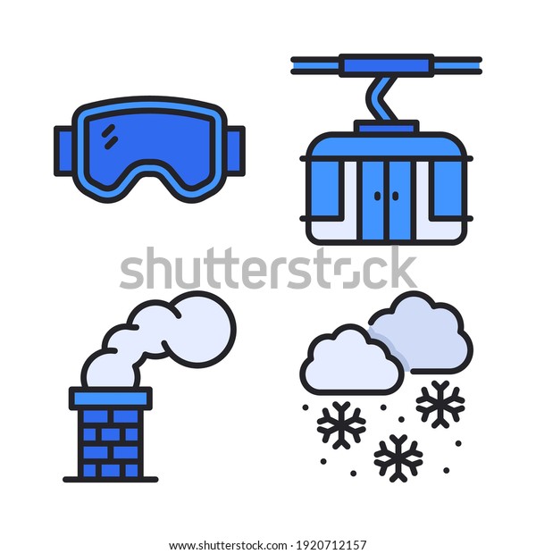 Winter Icons Set\
(Filled Line) = goggles, cable car, chimney, snowflake. Perfect for\
website mobile app, app icons, presentation, illustration and any\
other projects.