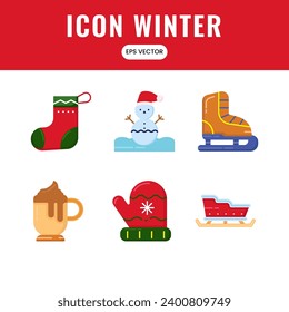 Winter icons set with flat color style with Sock Winter, Snowman, Ice Skates,Hot Cocoa and Mittens,Sleigh