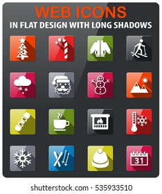 winter icons set in flat design with long shadow