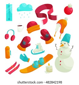 Winter icons set in flat style. Winter clothes and sport equipment set collection vector illustration