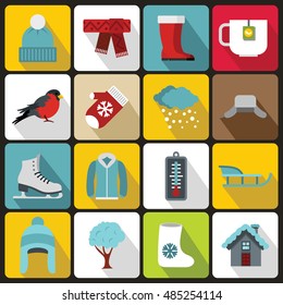 Winter icons set in flat style. Winter season elements set collection vector illustration