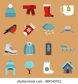 Winter icons set in flat style on a sandy brown background. Winter season elements set collection vector illustration