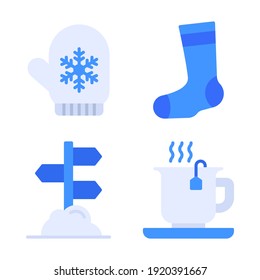 Wintersymbole Set = Handschuh, Socken, Richtungszeichen, heißer Tee. Perfekt für mobile App-Anwendungen, App-Icons, Präsentationen, Illustrationen und andere Projekte.