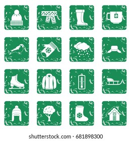 Winter icons set in grunge style green isolated vector illustration