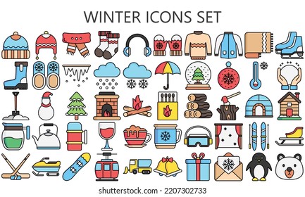 Winter icons set. Jackets, sweater, hot drink, winter sport, snow, Christmas theme, gloves and more. use for modern UI or UX kit, digital banner and app. vector EPS 10 ready convert to SVG.