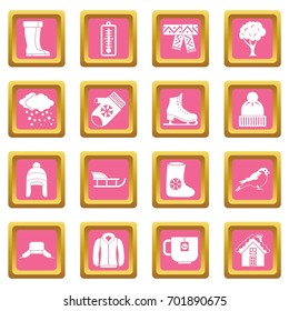 Winter icons set in pink color isolated vector illustration for web and any design