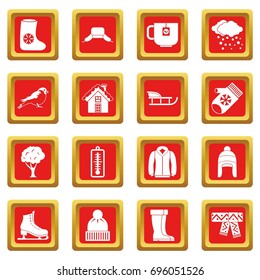 Winter icons set in red color isolated vector illustration for web and any design