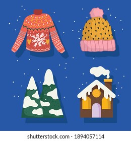 winter icons set sweater hat mountains snow and house cartoon vector illustration