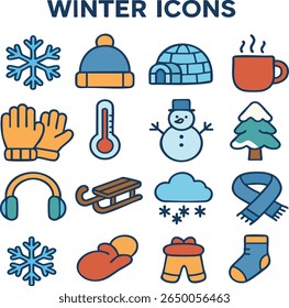 Winter icons set vector illustration with snowflake hat igloo mug gloves thermometer snowman tree on transparent background