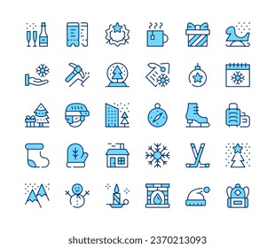 Winter icons set. Vector line icons. Blue color outline stroke symbols. Modern concepts