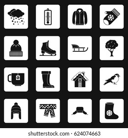 Winter icons set in white squares on black background simple style vector illustration