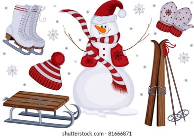 Winter icons with snowman, sled, skates, skis, mittens and cap