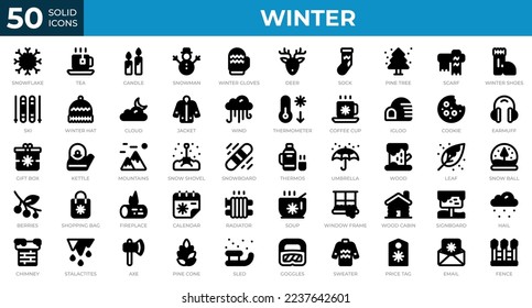 Winter icons in solid style. Snowflake, tea, sweater. Solid icons collection. Holiday symbol. Vector illustration