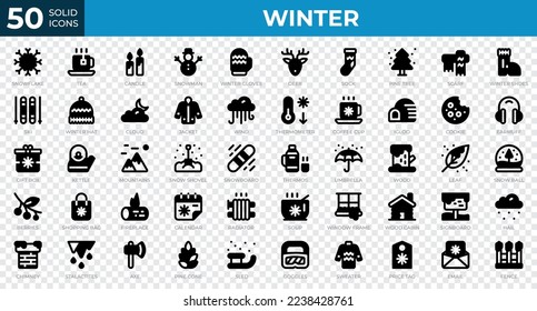 Winter icons in solid style. Snowflake, tea, sweater. Solid icons collection. Holiday symbol. Vector illustration