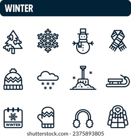 Winter icons. Winter solstice vector set. Outline icon design. Cold and snow season.