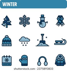 Winter icons. Winter solstice vector set. Color icon design. Cold and snow season.