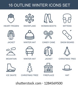 winter icons. Trendy 16 winter icons. Contain icons such as heart frozen, snowflake, woman boots, mittens, jacket, winter hat, candy cane, snow board. winter icon for web and mobile.
