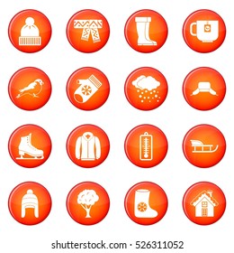 Winter icons vector set of red circles isolated on white background