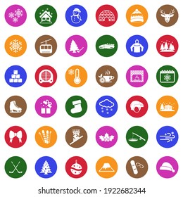 Winter Icons. White Flat Collection In Circle. Vector Illustration.