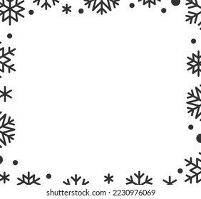 Winter icy line border. Snowflake confetti for Xmas card, banner party event invitation, gift certificate voucher. Black and white ornate frame with copy space, frosty snow flakes on white background