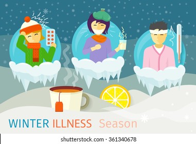 Winter Illness Season People Design. Cold And Sick, Virus And Health, Flu Infection, Fever Disease, Sickness And Temperature, Unwell And Scarf Illustration