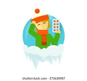 Winter illness season people design. Cold and sick, virus and health, flu infection, fever disease, sickness and temperature, unwell and scarf illustration. Infected infographic. Illness concept