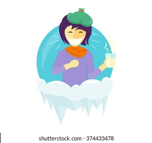 Winter illness season people design. Cold and sick, virus and health, flu infection, fever disease, sickness and temperature, unwell and scarf illustration. Infected infographic. Illness concept