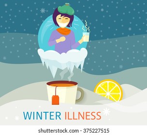 Winter illness season people design. Cold and sick, virus and health, flu infection, fever disease, sickness and temperature, unwell and scarf illustration. Infected infographic. Illness concept