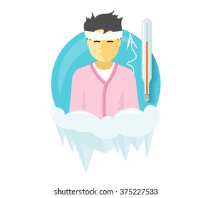 Winter illness season people design. Cold and sick, virus and health, flu infection, fever disease, sickness and temperature, unwell and scarf illustration. Infected infographic. Illness concept