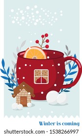 Winter illumination, vector graphics, Cup of tea with orange, house, snow.  Postcard winter.