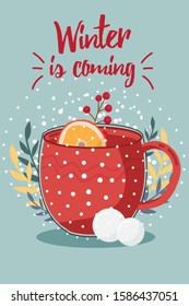 Winter illumination, vector graphics, Cup of tea with orange, snow.  Postcard winter.