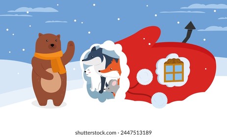 Winter illustration with a bear, a dog, a cat in a glove. Vector.