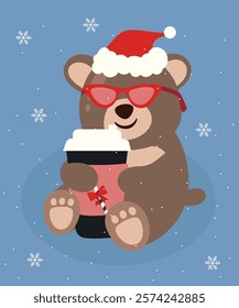 Winter Illustration with Bear is Sitting and Holding Cup	