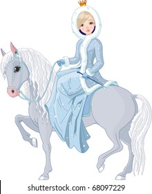 Winter illustration Beautiful princess with riding horse