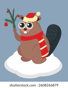 Winter Illustration with Beaver Holding Brunch Decoration and Wearing Santa Hat ,Scarf