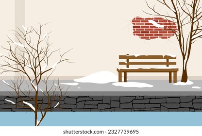 ilustración de invierno, banco a orillas de un pequeño río con árboles caducifolia y nieve