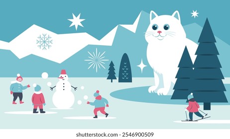 Winter illustration, big cat watching for playing  children