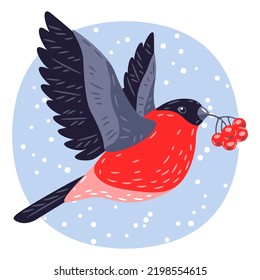 Winter illustration of bird bullfinch and rowan berries. Merry Christmas and Happy New Year card.