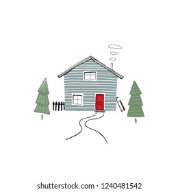 winter illustration with a blue wooden house in minimalistic style