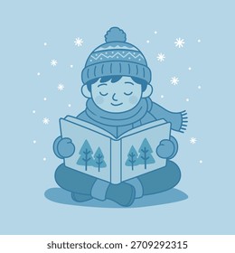 Ilustración de invierno de un niño sentado afuera y leyendo un libro en copos de nieve que caen