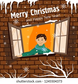Winter illustration. The boy from the window catches snowflakes. Christmas time. New Year