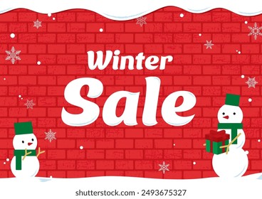 Winter illustration of brick wall with snow on top and snowman. christmas. December. 