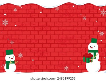 Winter illustration of brick wall with snow on top and snowman. christmas. December. 