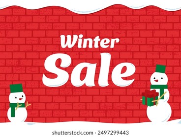 Ilustración de invierno de pared de ladrillo con nieve en la parte superior y muñeco de nieve. Navidad. diciembre. 